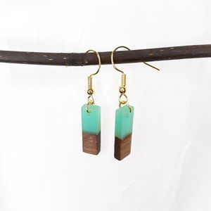 Handmade Opaque Turquoise Resin & Walnut Earrings Hypo-Allergenic Gold Tone